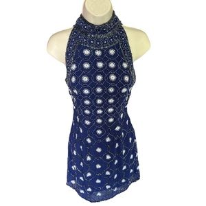 Royal Blue & White Beaded Mock Neck Mini Dress